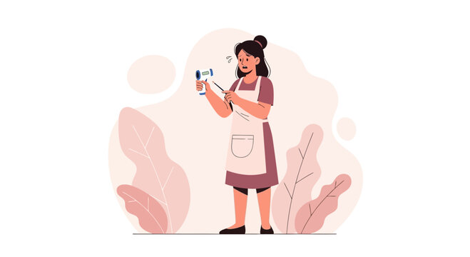 Woman taking temperature with digital thermometer, worried expression, healthcare concept vector illustration