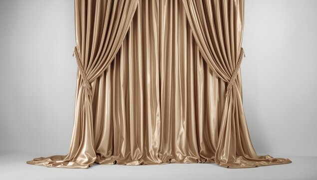 A lengthy tan curtain featuring tails, cinched with a braid in the middle, against a white backdrop, isolated.