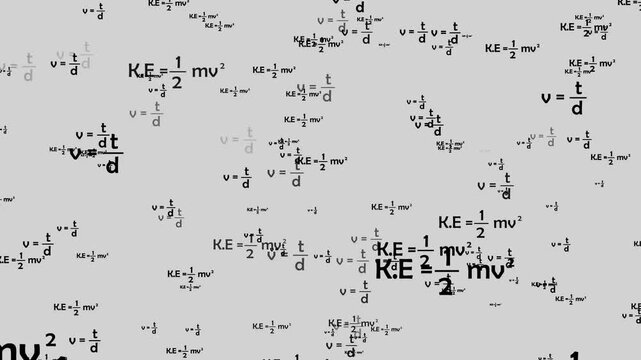 Camera flying through the physics formula. calculation equation for science and engineering education