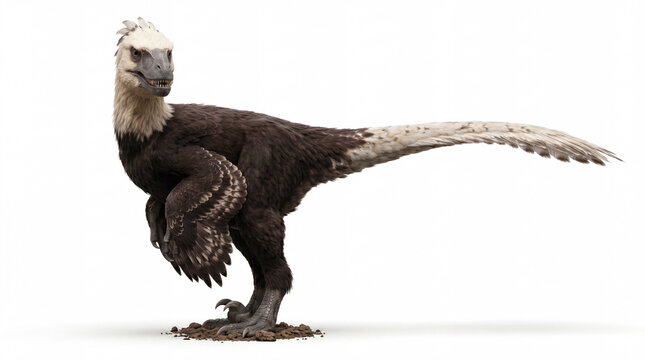 Photorealistic Utahraptor ostrommaysorum lateral view looking at camera, isolated on white background, showing detailed feathers, anatomy, and scientific paleontological reconstruction.