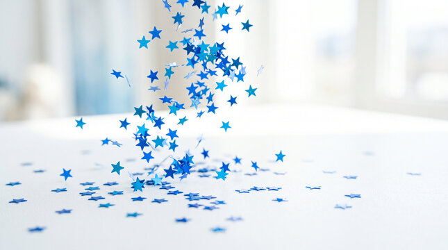 Blue star confetti falling on white table in bright room  