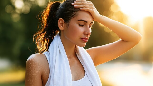 Woman drying sweat on a warm summer day, sunlight exposure, natural human reaction to heat, outdoor lifestyle, hydration awareness, seasonal comfort, weather adaptation under bright sunny conditions