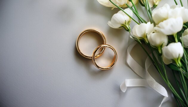 wedding rings and white flowers flat lay