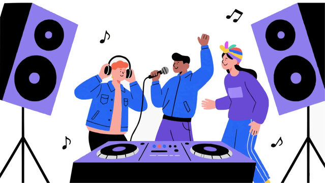DJ Party Celebration with Friends Listening to Music and Dancing Illustration Graphic For T Shirt