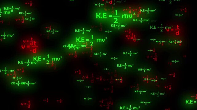 4K animation of glowing red and green physics and mathematics formulas, equations and scientific symbols floating on a background. Ideal for science documentaries, education and youtube video