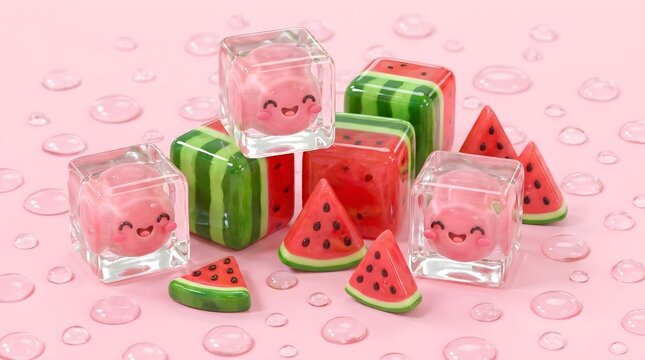 Cute smiling watermelon characters frozen inside clear square ice cubes
