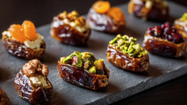 Stuffed medjool dates filled with assorted nuts dried fruits and creamy cheese arranged on dark stone slate for gourmet appetizer presentation in modern dining setting