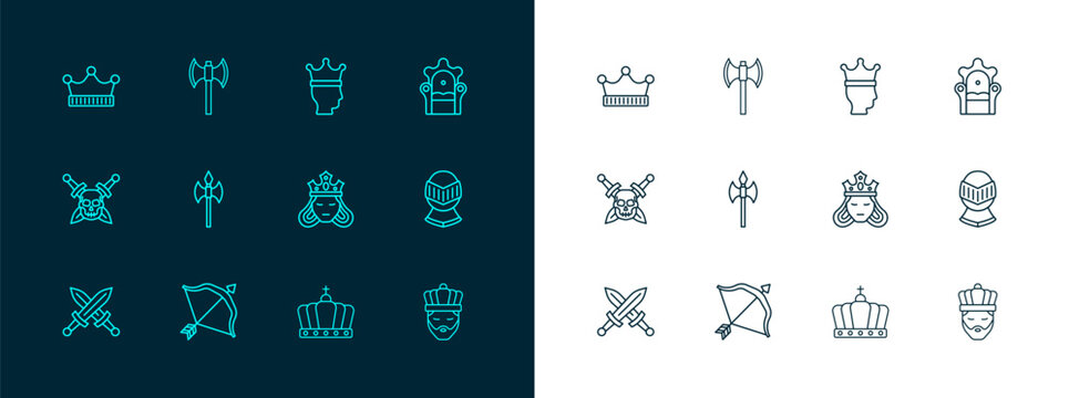 Set line Medieval throne, bow and arrow, Princess or queen, King crown, axe, and poleaxe icon. Vector