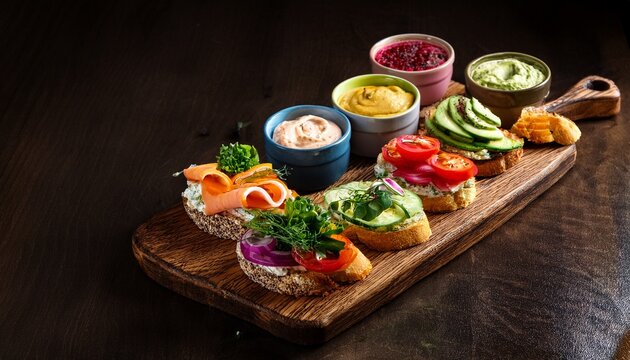 assorted gourmet sandwiches on wooden board with fresh vegetables and dips