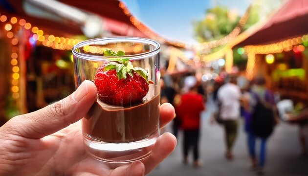 hand holding of glass with strawberry dipped in chocolate and pistachio empty sunday market background kunafa pistachio dubai chocolate copy space