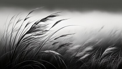 monochrome field grass swaying in wind against foggy background black and white grayscale landscape moody atmospheric minimalist scene plant growth still life © Marie K