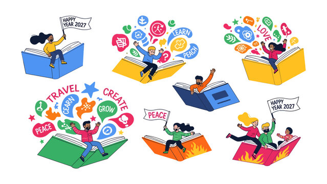 Dreams Take Flight: Individuals are transported on open books, embarking on journeys of imagination, knowledge, and aspiration, symbolizing growth, creativity, and global connection.