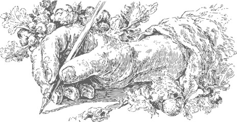 Obraz premium Vintage engraving of a hand writing with a quill pen surrounded by leaves and acorns