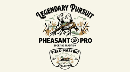 Legendary pursuit. Pheasant hunting vintage print design for t shirt. Field master sporting tradition. Outdoor adventure graphic. © rahel lila