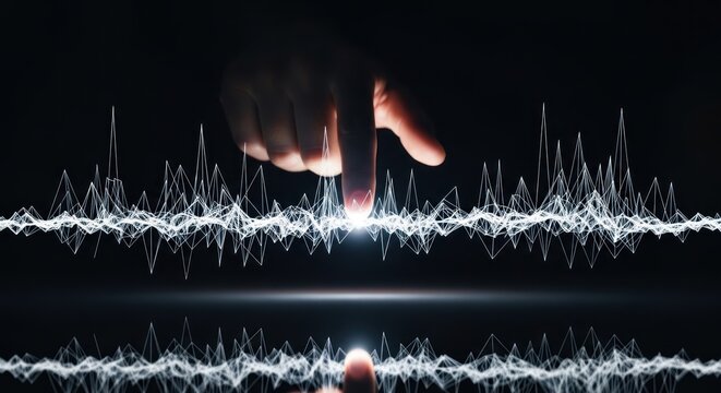 A hand interacts with glowing sound waves in a dark environment.