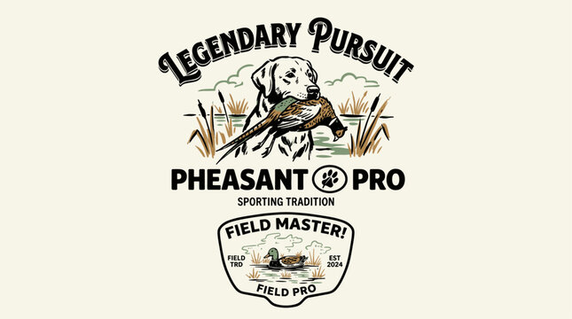 Legendary pursuit. Pheasant hunting vintage print design for t shirt. Field master sporting tradition. Outdoor adventure graphic.