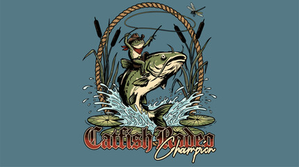 Fototapeta premium Catfish rodeo champion. Vintage fishing print design for t shirt. Outdoor adventure. Frog cowboy riding fish.
