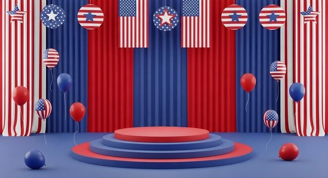 Patriotic stage presentation with american flags and balloons 4th of july celebration setup