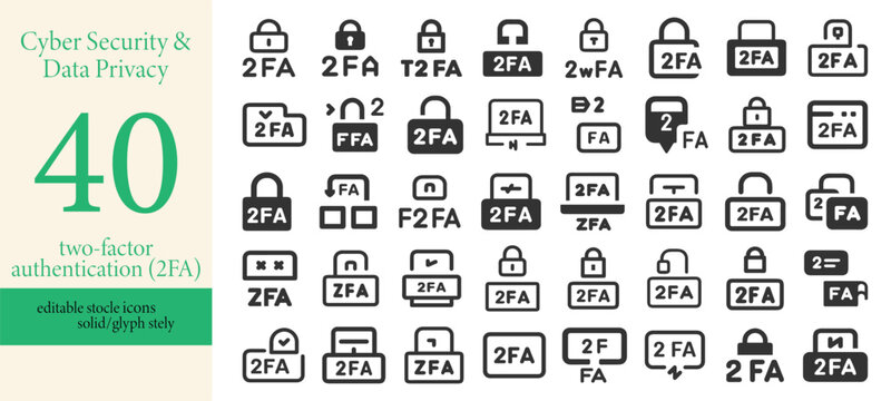 
A set of two flat vector security shield icons featuring "2FA" text and a padlock symbol, representing two-factor authentication and data protection.