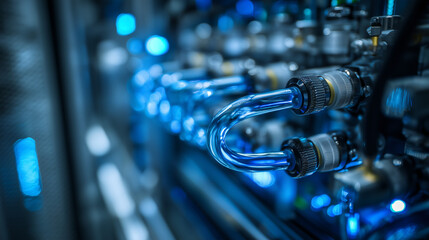 Fototapeta premium Industrial cooling system with transparent fluid pipes in advanced machinery. Precision engineering, manufacturing technology and industrial automation concept.