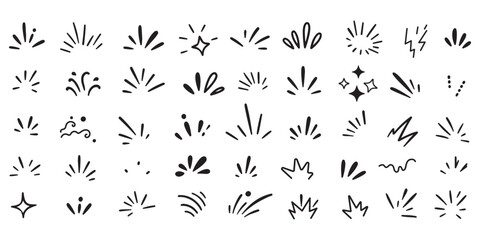 Obraz premium Hand drawn doodle sparkle and sunburst element set. Isolated vector illustration of black ink explosion, shine, rays, and emphasis symbols for creative design and comic style decoration