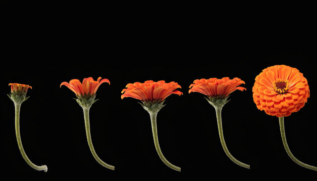Orange zinnia flower growth stages botanical sequence black background