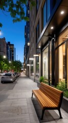 Fototapeta premium City street at dusk with sidewalk, illuminated buildings, trees, and a park bench along the road