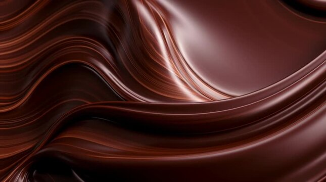 Luxurious flowing chocolate texture with smooth glossy curves, abstract gourmet background symbolizing indulgence, richness and premium confectionery