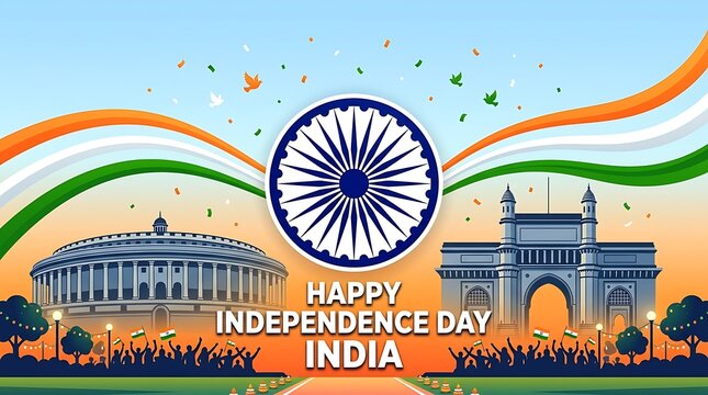 Vibrant independence day india celebration with iconic landmarks and ashoka chakra illustration