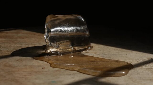 Melting ice cube with water puddle on rustic wooden table with dramatic sunlight and shadow pattern in moody still life photography