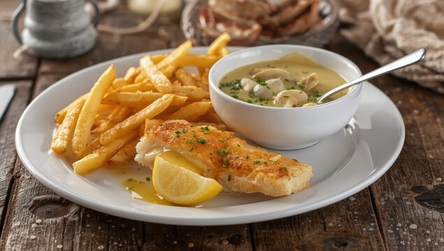 cod with clam chowder and fries