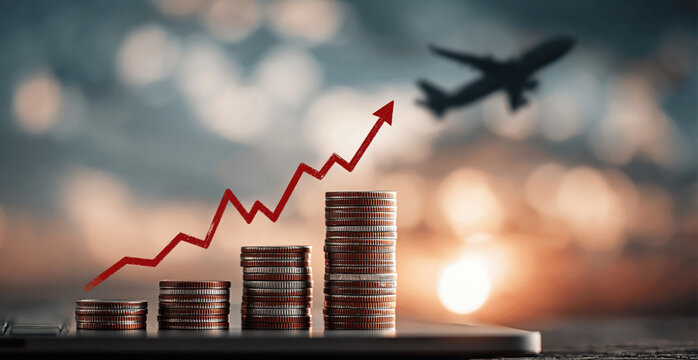 Airplane travel cost soaring with rising coin stacks and upward arrow graph, financial growth concept