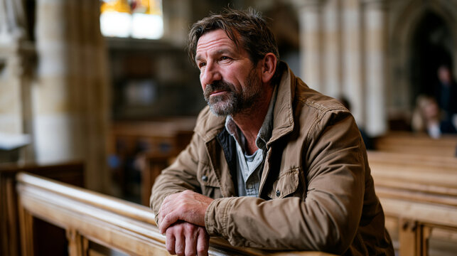 Middle-aged man sits alone on a chapel pew in a nearly empty stone church, hands loosely folded on the wooden rail ahead of him, expression open and uncertain rather than devout, afternoon light poo