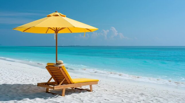Yellow beach umbrella and lounge chair on pristine white sand beside a turquoise ocean, representing luxury travel, relaxation and tropical vacation