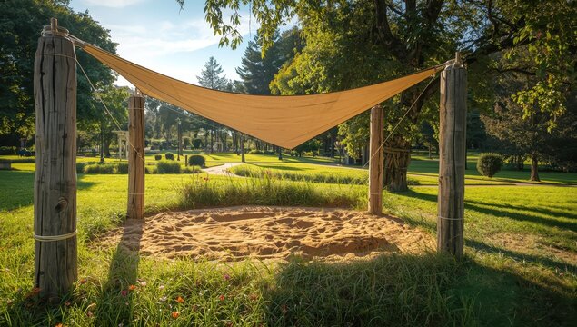 A tarp is stretched between two wooden posts, providing shade for a sandpit or terrace in the garden or park, secured with metal wires and cords.