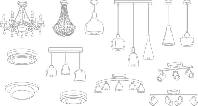 Set of ceiling light fixtures and chandeliers in line art style for interior design and architecture