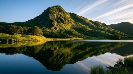 Obraz premium Lush mountains beautifully reflect in a calm lake bathed in warm golden sunlight