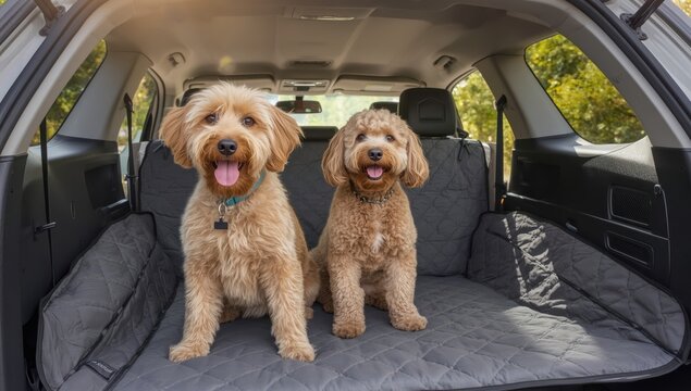 A Wheaten Terrier and a whoodle are in the backseat of an SUV with a pet liner, ready for a hike in Pittstown, NJ.