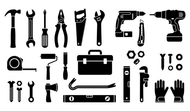Black Hand Tool Icon Set Vector Collection with Hardware Repair and Construction Silhouette Symbols