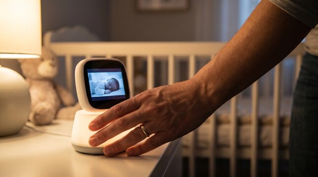 baby monitor parent hand nursery listening newborn care night parenting gentle home scene about vigilance protection sleep routines and family comfort for childcare wellness and product campaigns