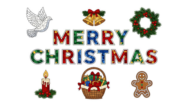 Christmas Celebration Collage: A festive collection of Christmas symbols, including a dove, bells, wreath, candle, gift basket, gingerbread man.
