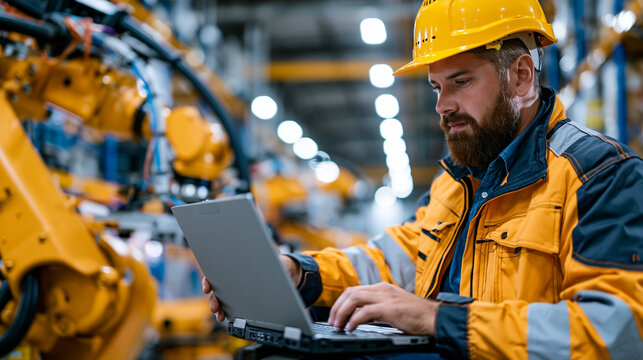 Warehouse automation engineer commissioning a new autonomous picking system at blue hour, robotic arm calibrating to bin location coordinates, systems integrator reviewing API handshake logs on rugg