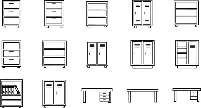 Office furniture line icons set featuring filing cabinets, storage lockers, desks, and bookshelves for interior design projects