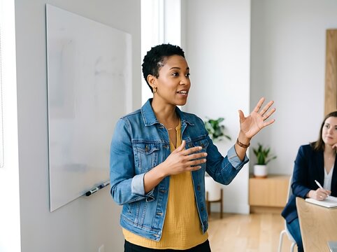 A confident woman in a yellow shirt and denim jacket presents to an audience in a well-lit office meeting room