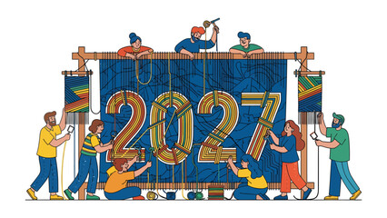 Fototapeta premium Creating the Future 2027: A diverse group of individuals collaboratively works on a large tapestry, intricately weaving the year 2027 into its design.