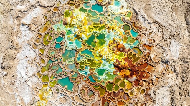 Satellite Style Top Down View of Colorful Mineral Basins in Dallol Danakil Depression Ethiopia