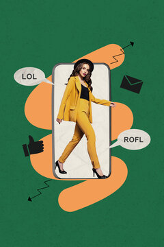Trend mockup collage of person stand walk front smartphone screen with lol rofl speech like email on green background