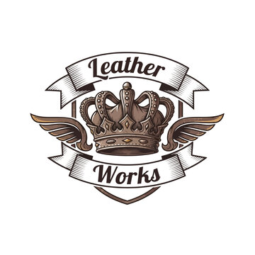Leather Works vintage emblem with a crown, wings, and decorative scrolls.