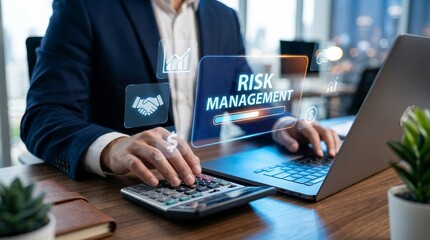 Fototapeta premium Identifying and assessing risks through digital risk management tools in an office setting.