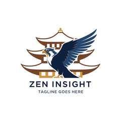Fototapeta premium Minimalist falcon bird flying over a traditional pagoda temple.